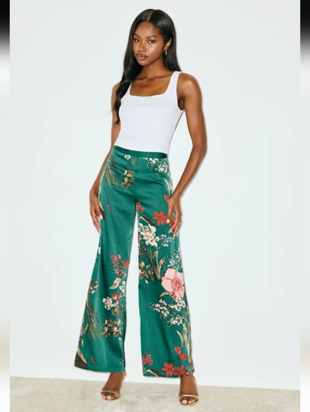Lulu's Emerald Green Floral Wide-Leg Satin Pants Size Xl!